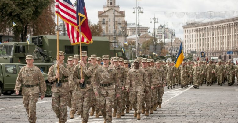 Oklahoma National Guard soldiers march in Ukraine