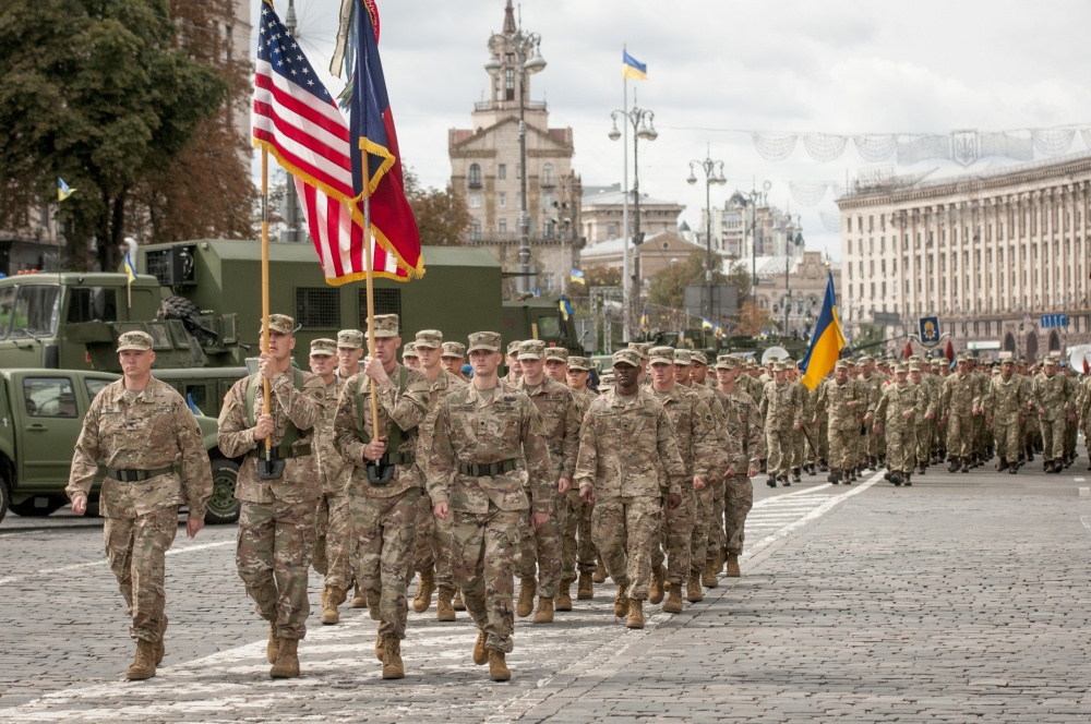 Oklahoma National Guard soldiers march in Ukraine
