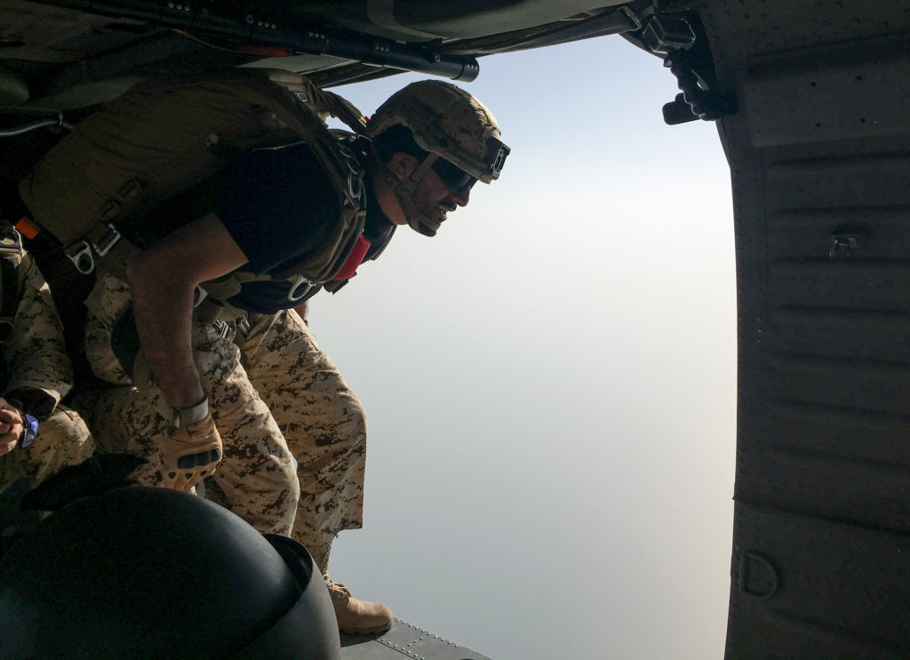 Bahrain Defense Forces paratrooper prepares to jump