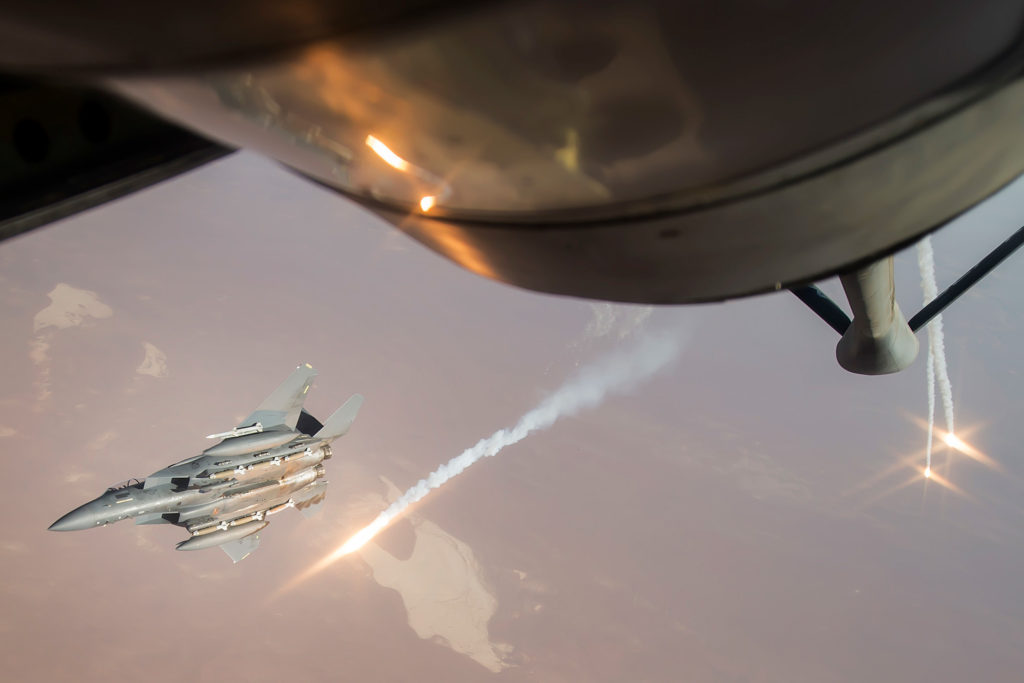 USAF F-15E Strike Eagle fires flares