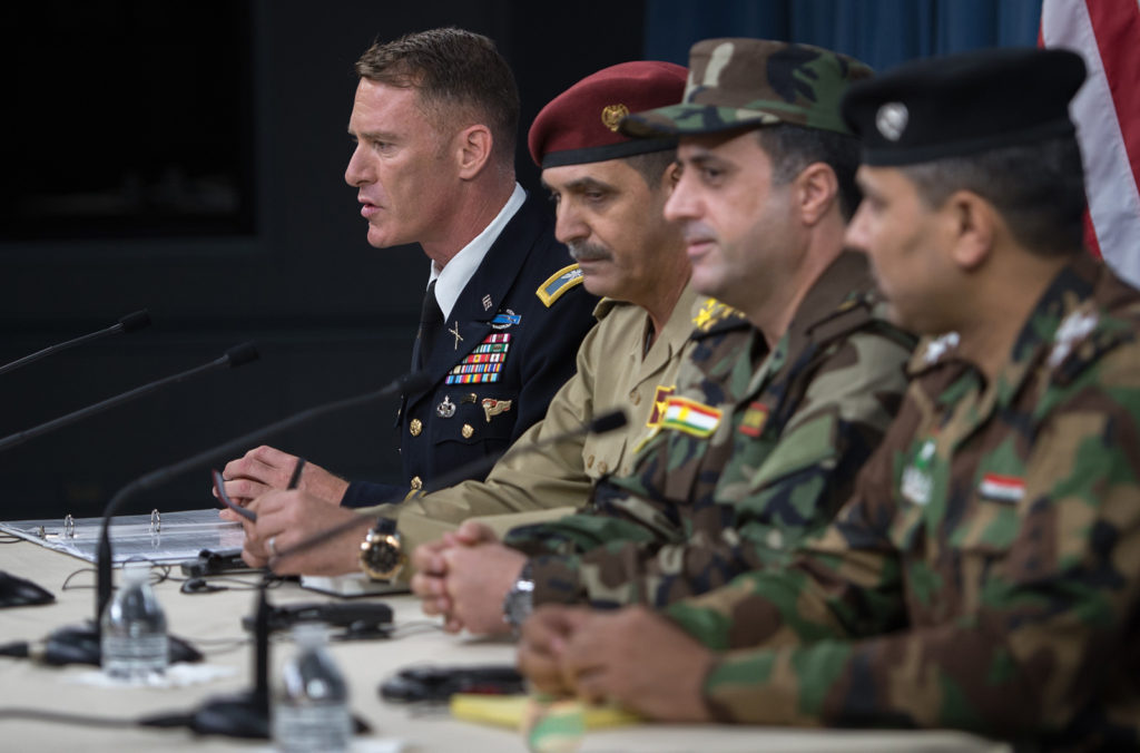 Coalition spokesman Col Ryan Dillon briefs media on the liberation of Mosul