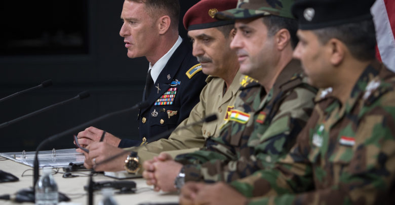 Coalition spokesman Col Ryan Dillon briefs media on the liberation of Mosul