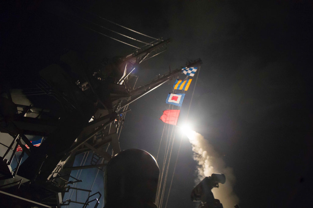 USS Ross fires a Tomahawk cruise missile at Sharyat airfield
