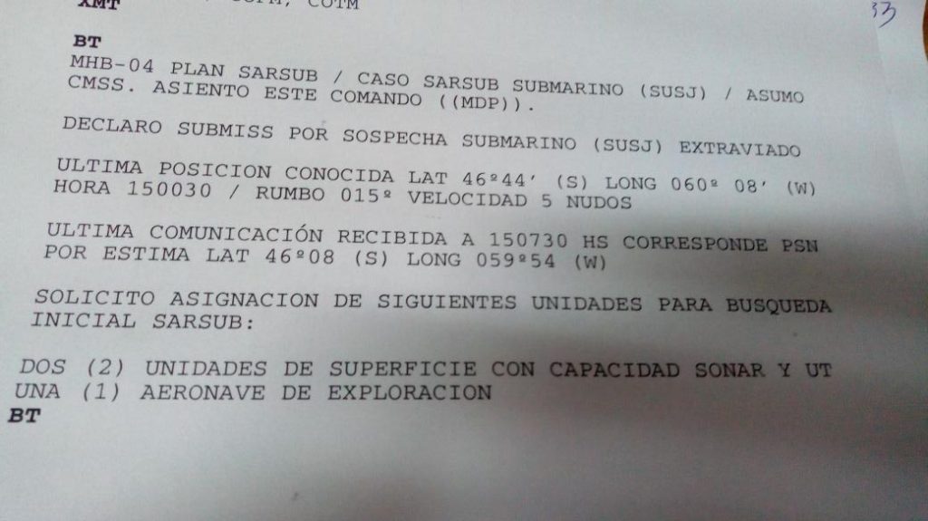 ARA San Juan submarine missing message