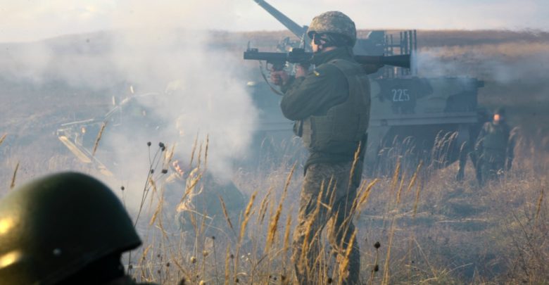A Ukrainian soldier assigned to 1st Battalion, 92nd Mechanized Brigade, fires a rocket propelled grenade during a platoon live-fire exercise