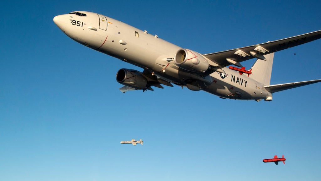 U.S. Navy P-8A Poseidon launches Harpoon missiles