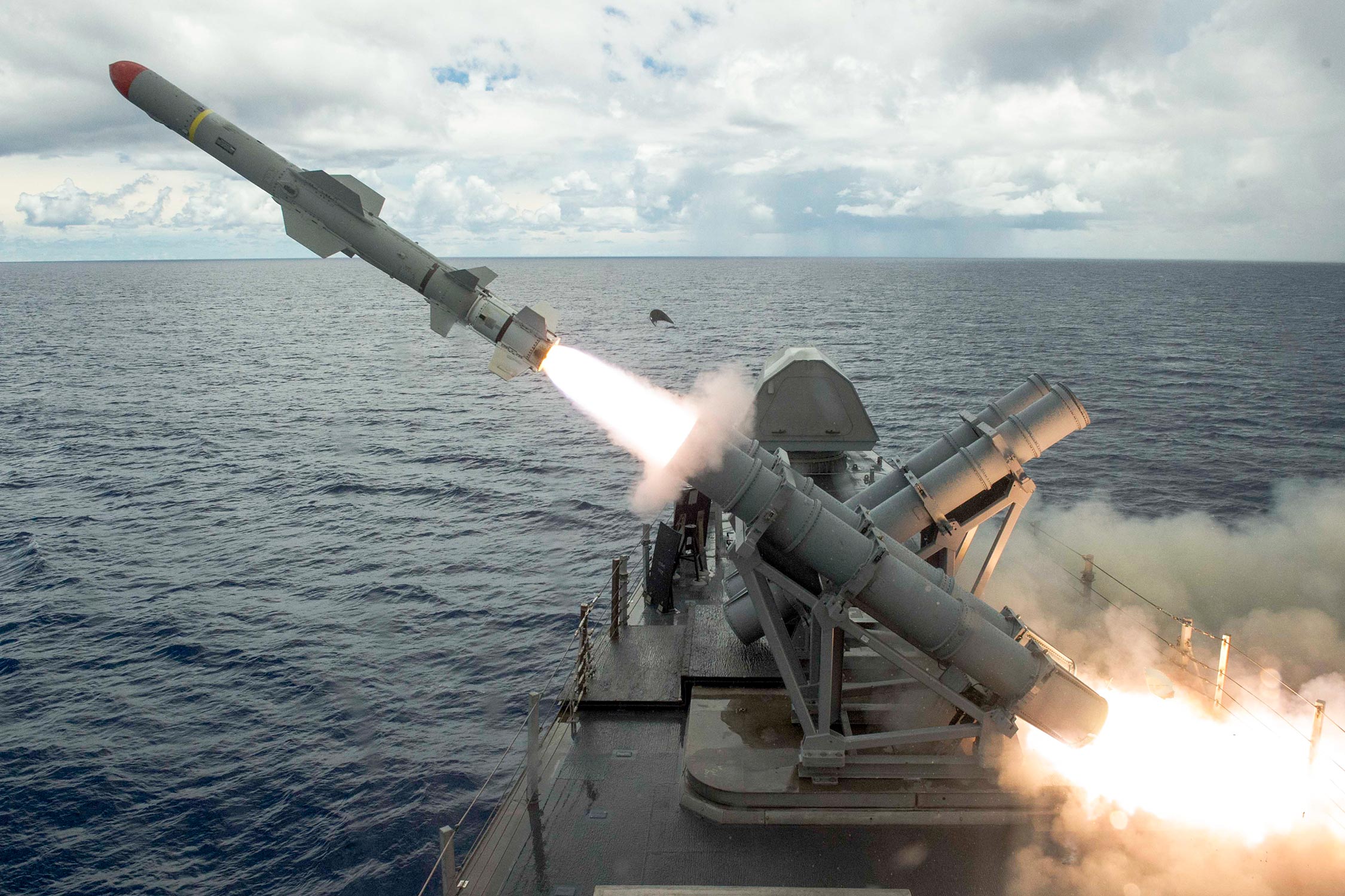 USS Coronado launches a Harpoon missile