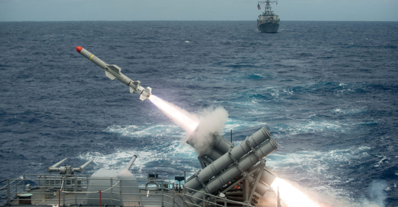 USS Shiloh launches Harpoon missile