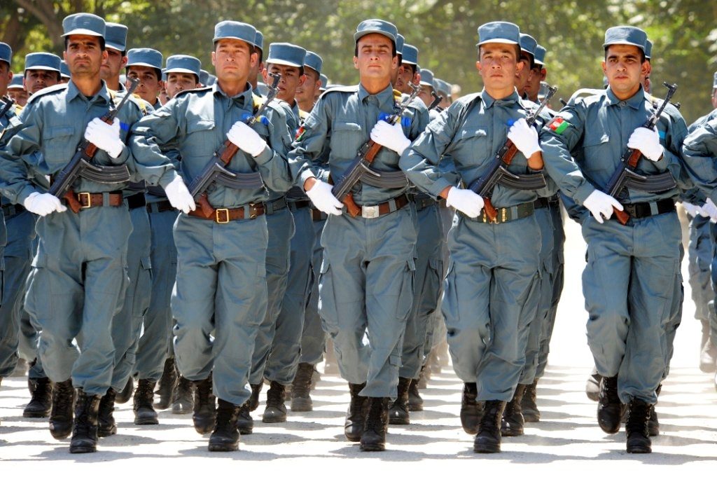 Afghan National Police march during an ANP graduation