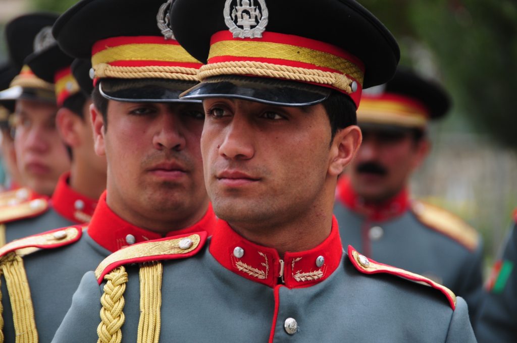 fghan National Civil Order Police honor guard stands in formation