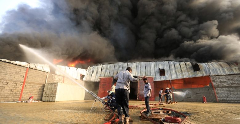 Fire at the World Food Programme warehouse in Hodeidah, Yemen