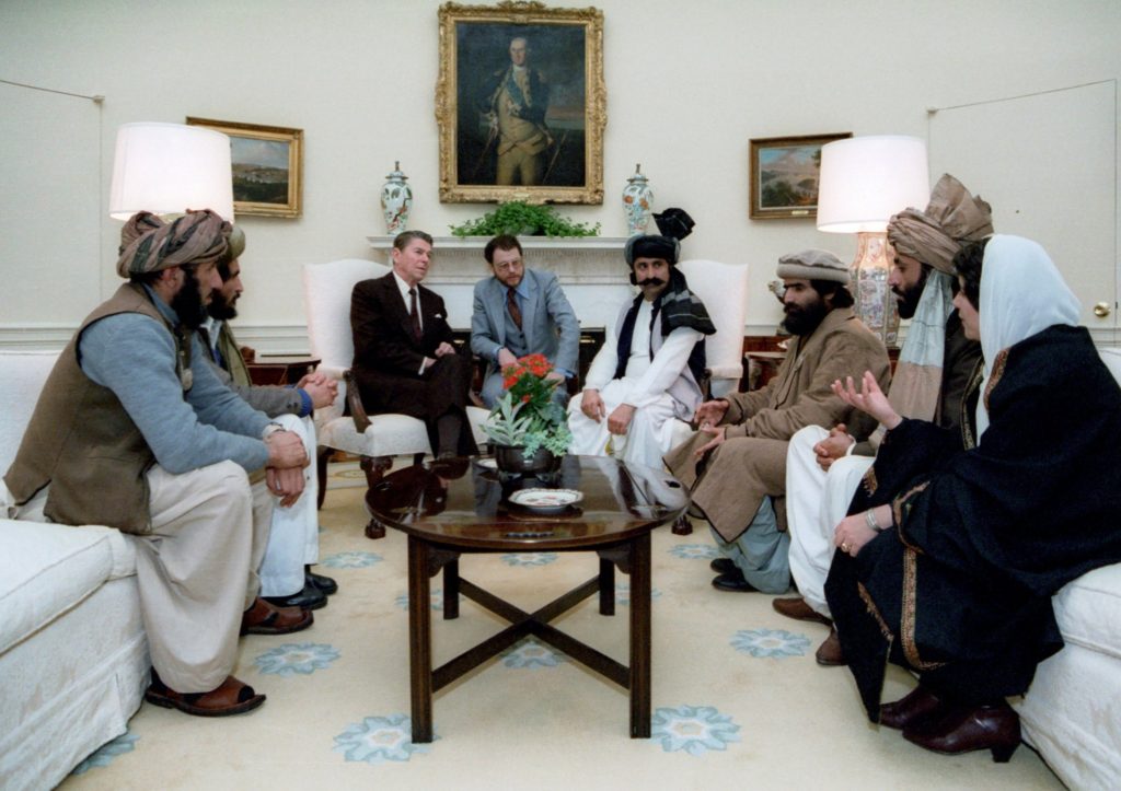 US President Reagan meeting with Afghan Mujahideen in the Oval Office to discuss the Soviet occupation of Afghanistan 