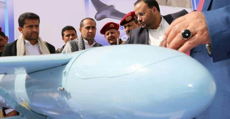 Houthi leader Saleh Alsmad unveils a Qasef-1 drone in Yemen