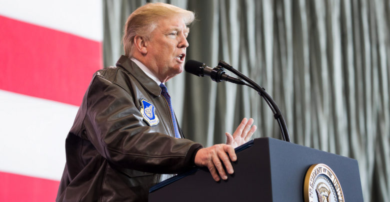 US President Donald J. Trump delivers remarks to troops at Yokota Air Base in Japan