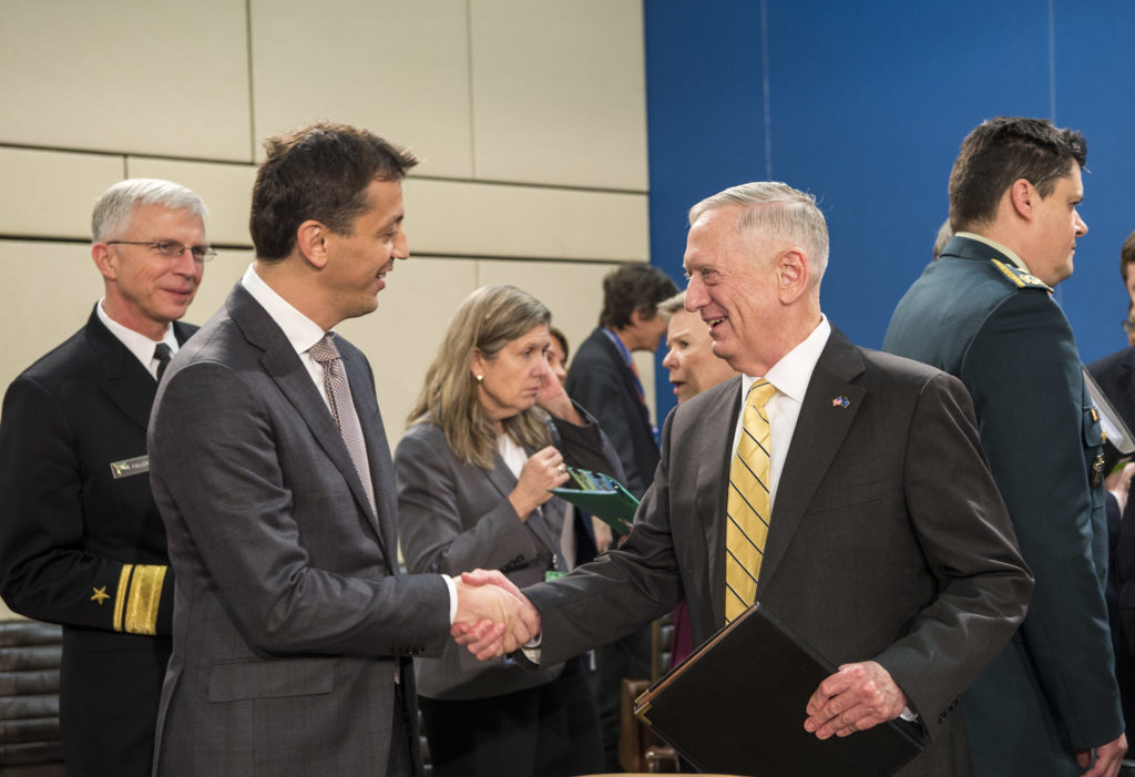 US Secretary of Defense Jim Mattis greets Montenegro's Minister of Defense Predrag Boskovic a North Atlantic Council meeting at the NATO Headquarters