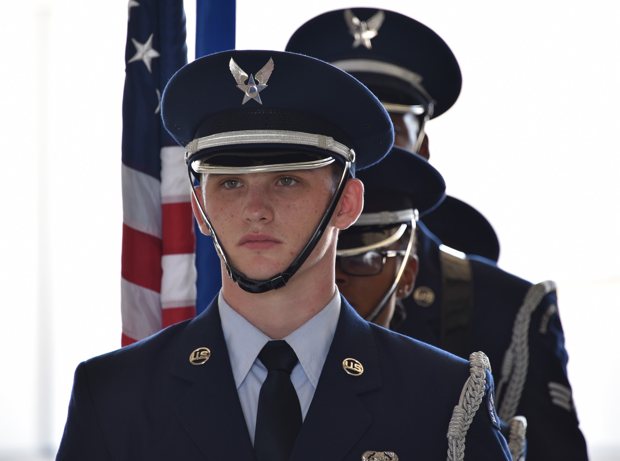 US Air Force Airman 1st Class Kalib Bailey, 325th Fighter Wing Honor Guard member, stands at attention prior to the 325th Medical Group change of command ceremony
