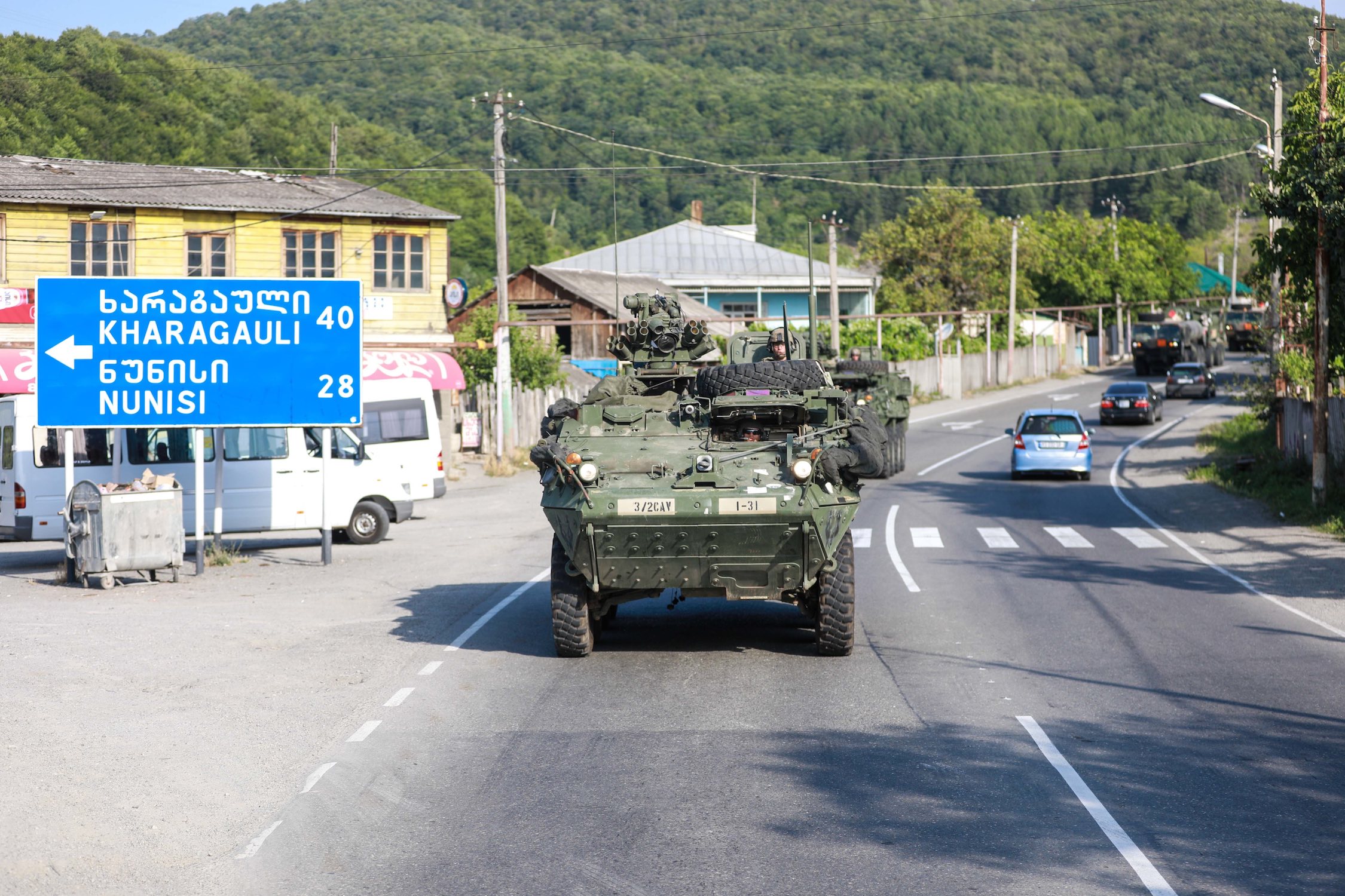 Soldiers from the US Army 3rd Squadron, 2d Cavalry Regiment conduct a tactical road march through western Georgia for Noble Partner 18