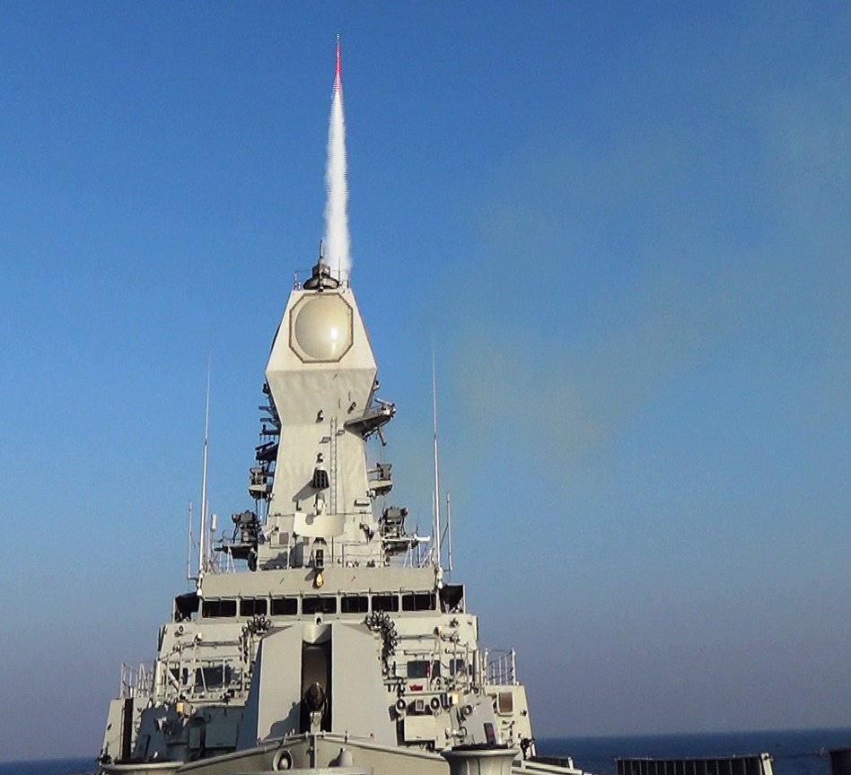 INS Kolkata firing a Barak 8 long-range Surface-to-Air Missile