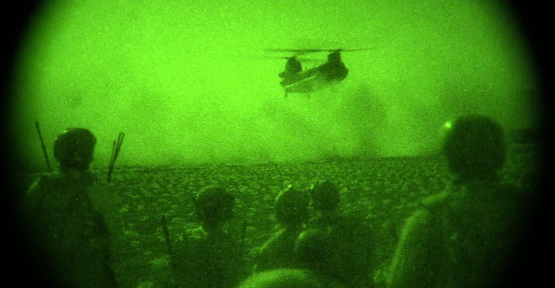 Afghan Special Security Forces and U.S. Special Operations Forces await exfiltration after night raids on compounds used by Taliban irreconcilables to plan and facilitate attacks in western Balkh province