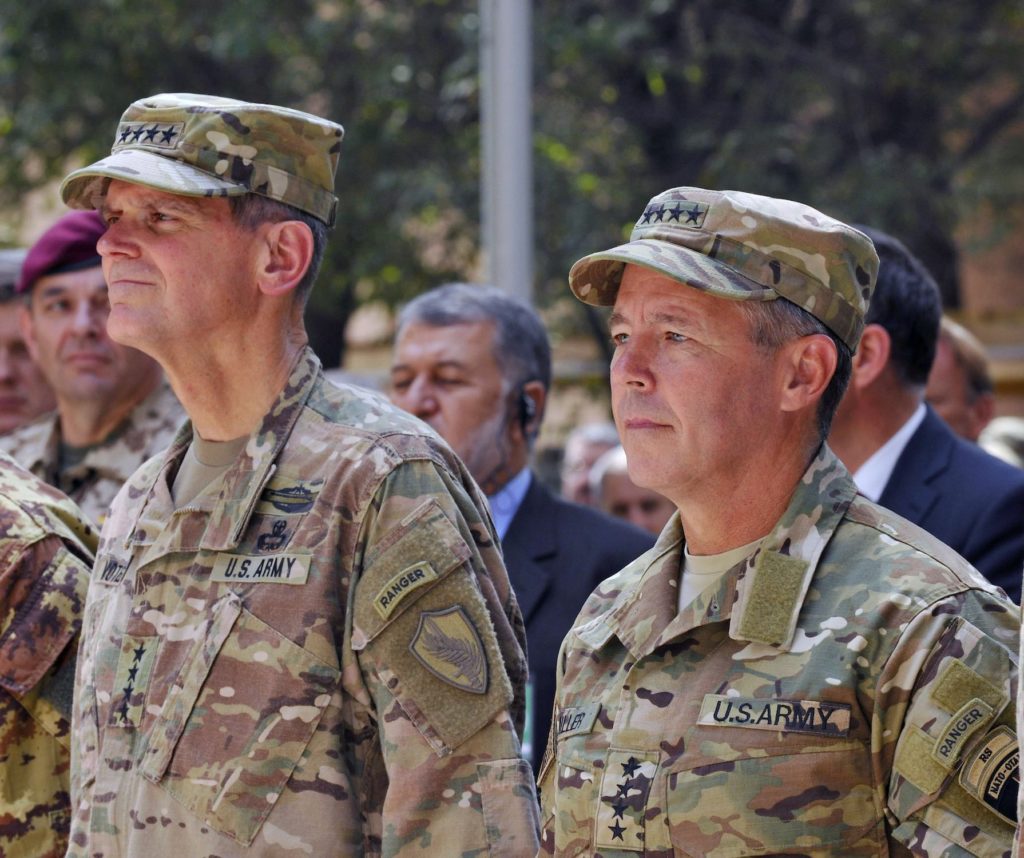 U.S. Army Gen. Joseph Votel, United States Central Command commander (left), and Gen. Scott Miller, Resolute Support Mission commander