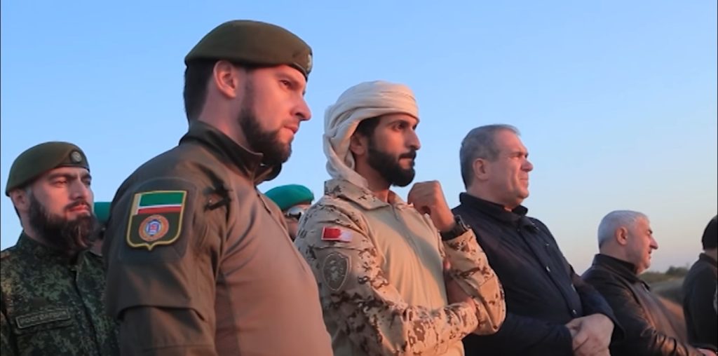Bahrain Prince Nasser bin Hamad Al Khalifa (center) with Daniil Martynov, head trainer of Chechen spetsnaz (foreground) and Ziad Sabsabi, head envoy of Chechnya to the Middle East (right background)