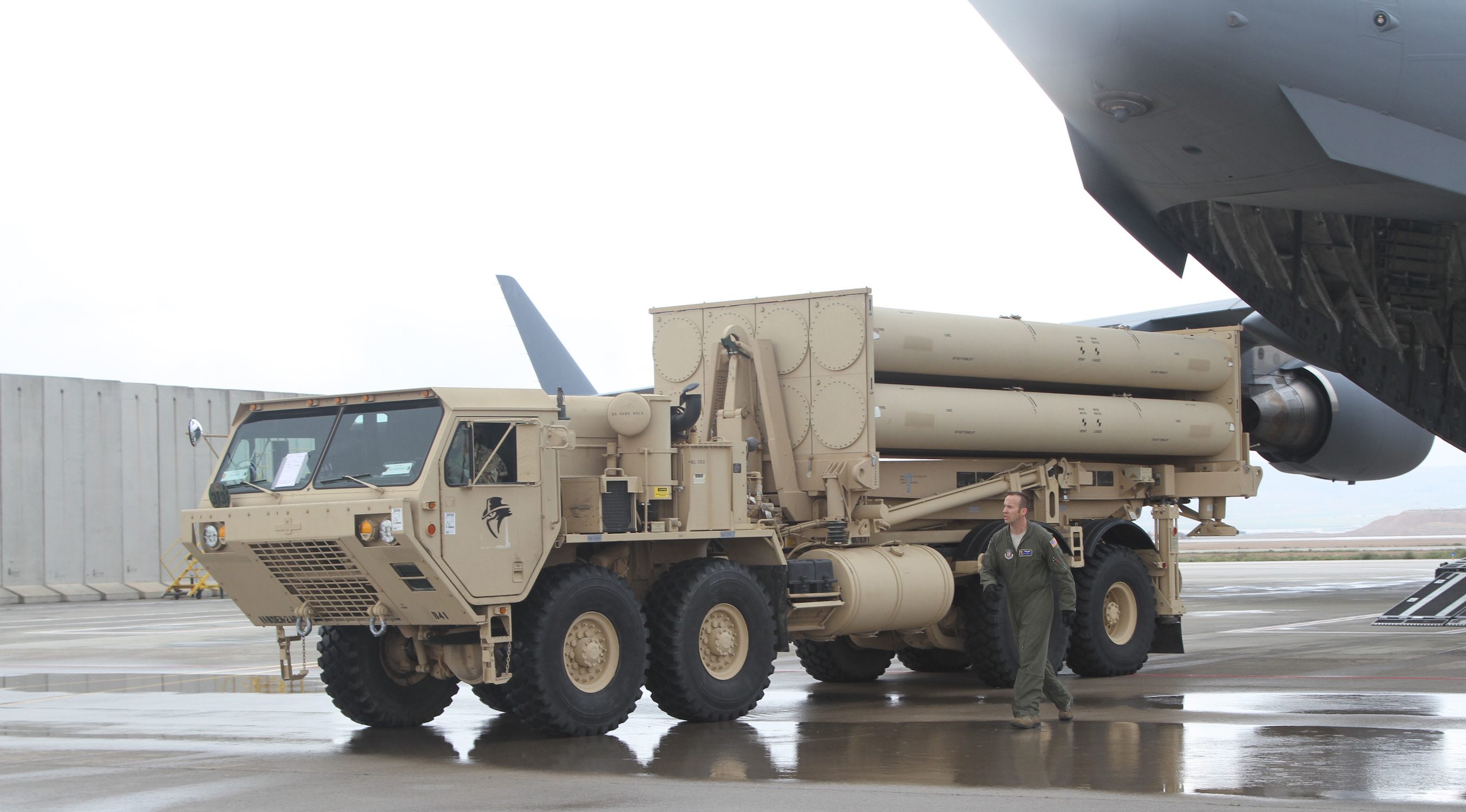 A US Air Force Airmen offloads a THAAD system in Israel