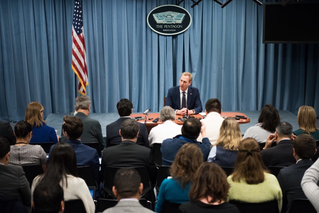 Acting US Secretary of Defense Patrick M. Shanahan speaks to reporters during an off camera press gaggle at the Pentagon