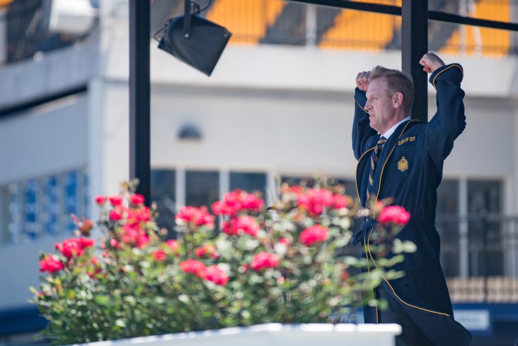 US Acting Secretary of Defense Patrick M. Shanahan speaks at the US Naval Academy's 2019 class graduation
