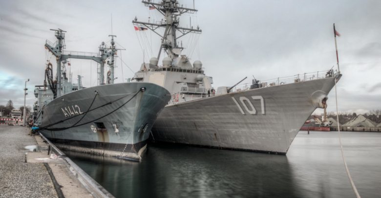 US guided-missile destroyer USS Gravely (DDG 107) and German navy Rhon-class tanker FGS Spessart