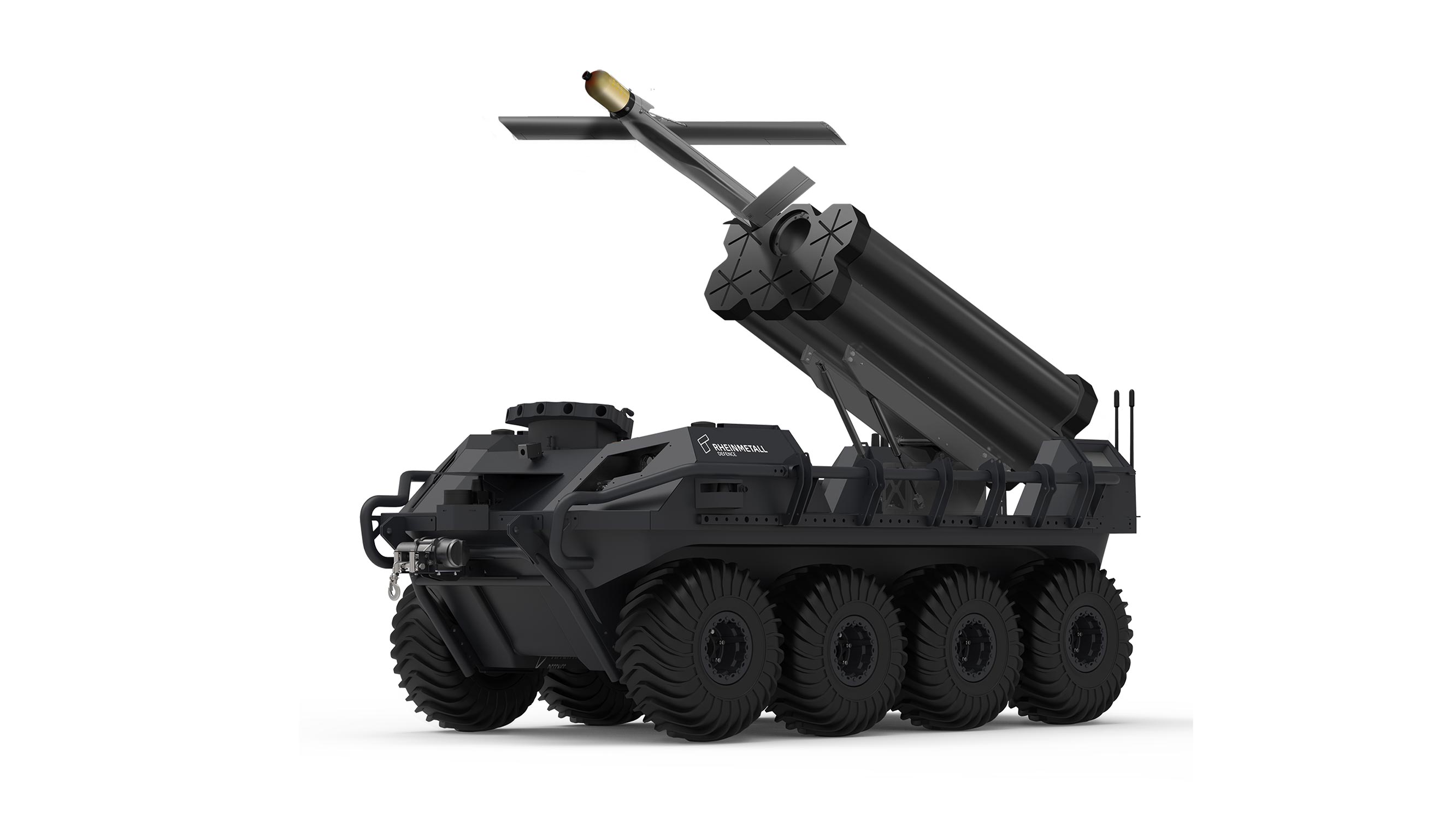 Rheinmetall Mission Master UGV fitted with Warmate UAVs