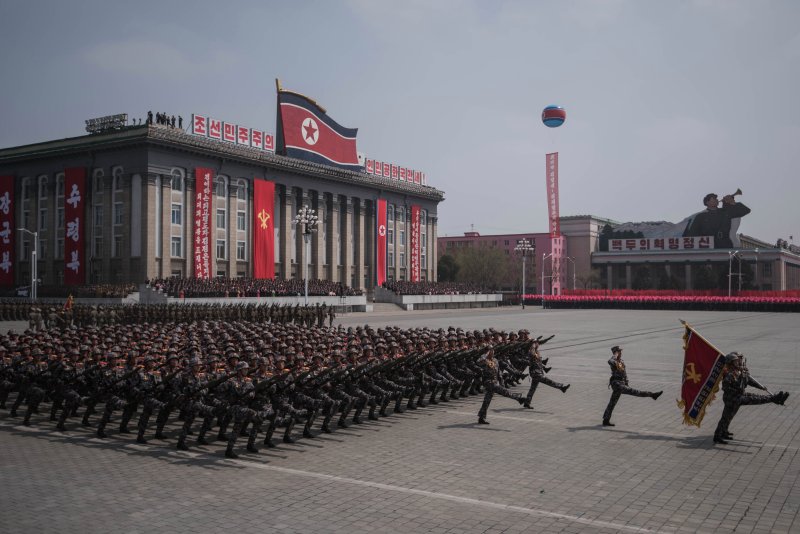 Korean People's Army (KPA) soldiers watch a military parade marking the 105th anniversary of the birth of late North Korean leader Kim Il-Sung, in Pyongyang on April 15, 2017.
