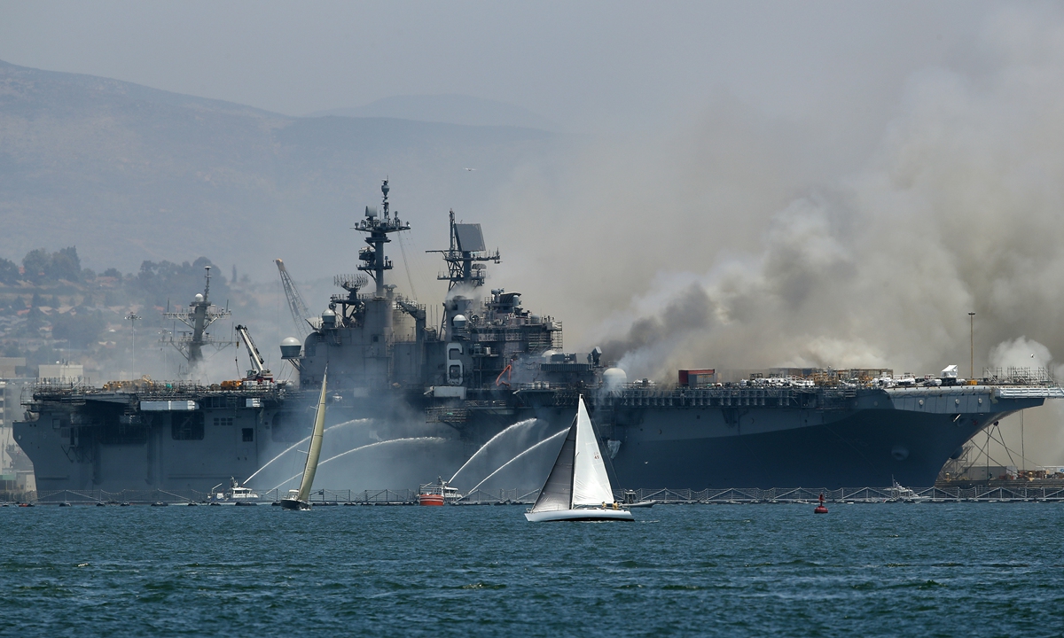 A fire burns on the amphibious assault ship USS Bonhomme Richard at Naval Base San Diego on July 12, 2020 in San Diego, California. There was an explosion on board the ship with multiple injuries reported