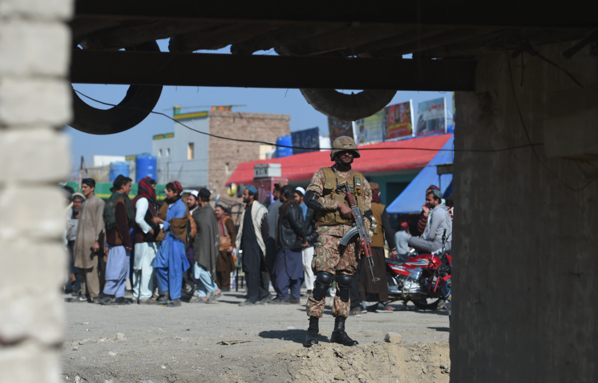 A Pakistani army soldier stands guard at a market in Miran Shah, a town in North Waziristan, near the border between Pakistan and Afghanistan, Jan. 27, 2019