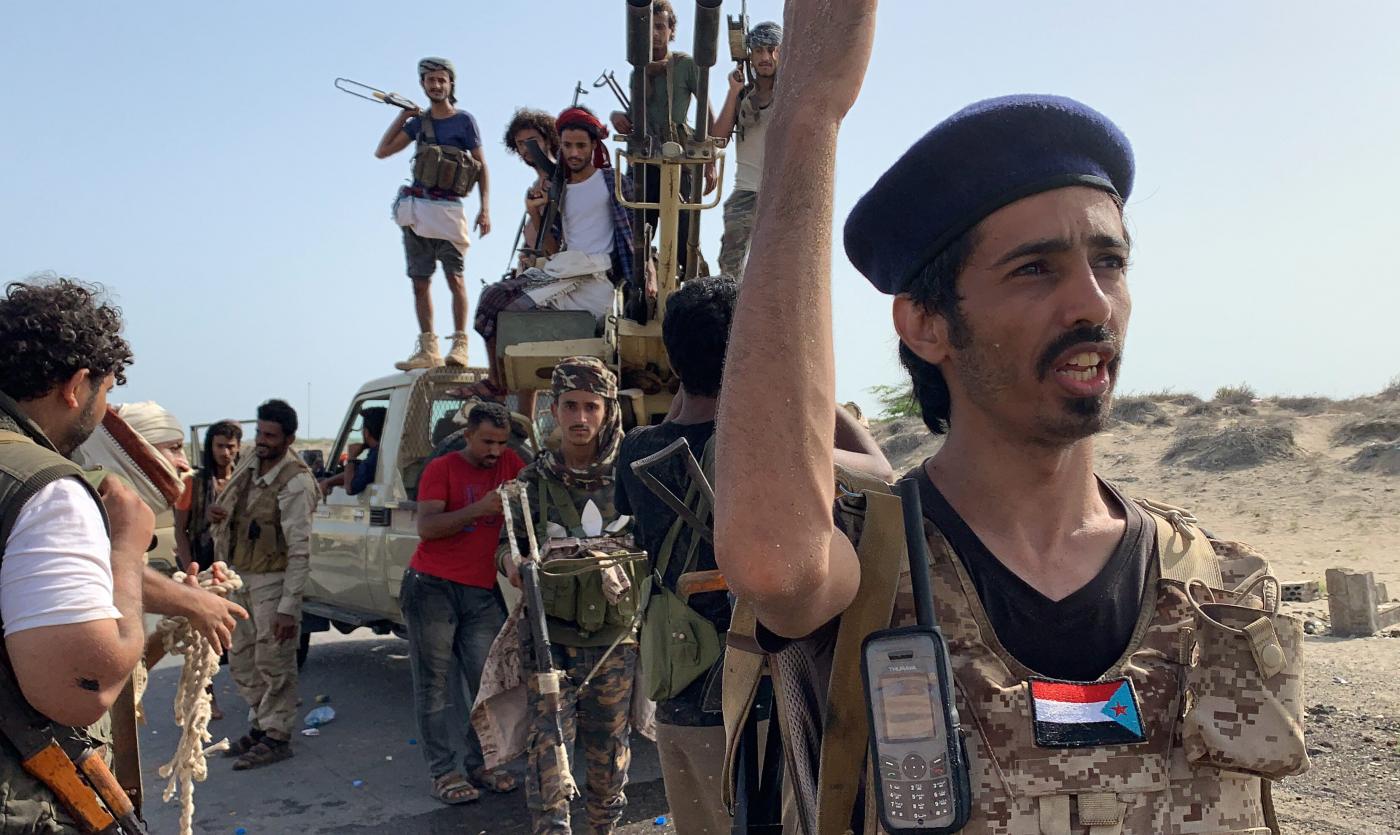 Fighters loyal to Yemen's Southern Transitional Council gather at the frontline during clashes with pro-government forces in Abyan province