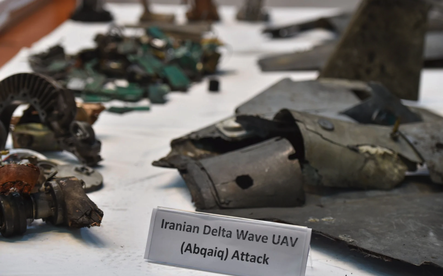 A picture taken on September 18, 2019 shows displayed fragments of what the Saudi defence ministry spokesman said were Iranian cruise missiles and drones