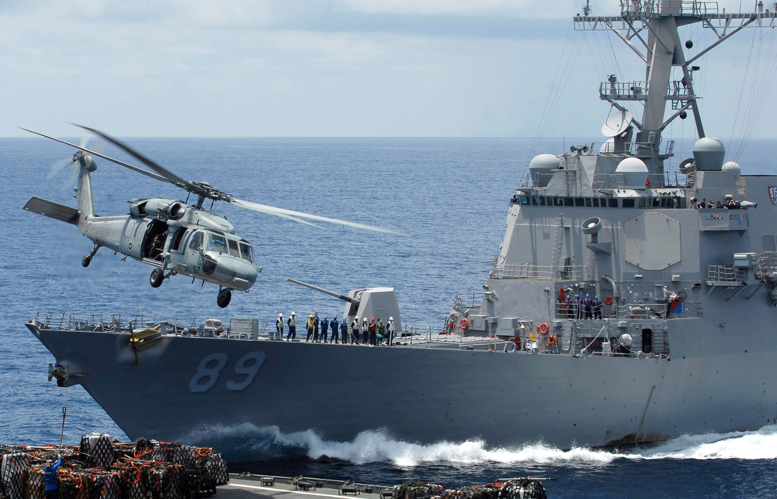 The guided-missile destroyer USS Mustin (DDG 89) during relief operations in Myanmar in 2008