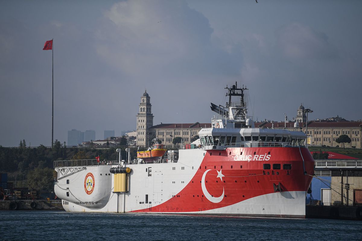 A view of Turkish General Directorate of Mineral research and Exploration's (MTA) Oruc Reis seismic research vessel docked at Haydarpasa port, which searches for hydrocarbon, oil, natural gas and coal reserves at sea, on 23 August 2019.