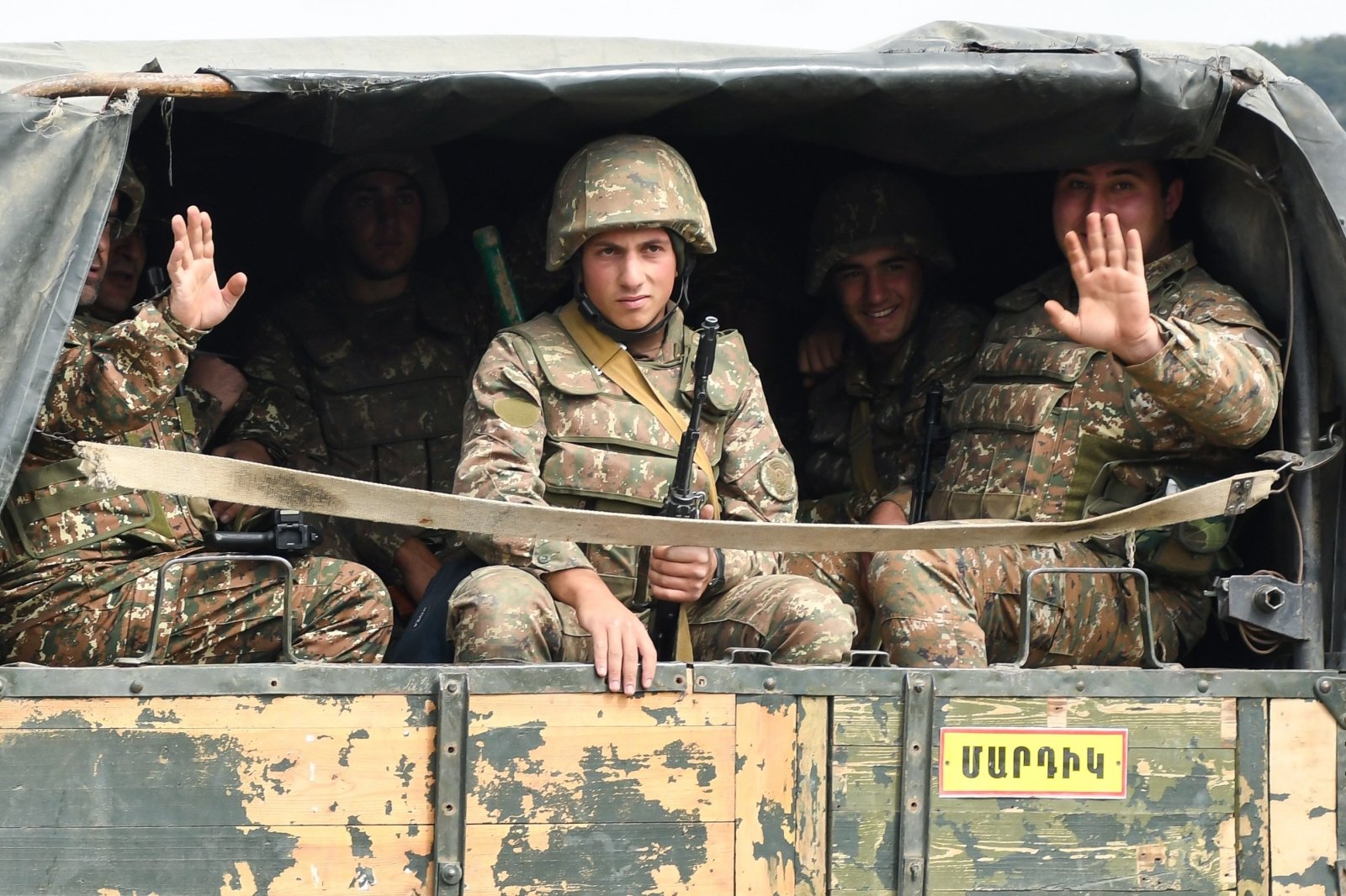 Armenian soldiers on the back of a truck