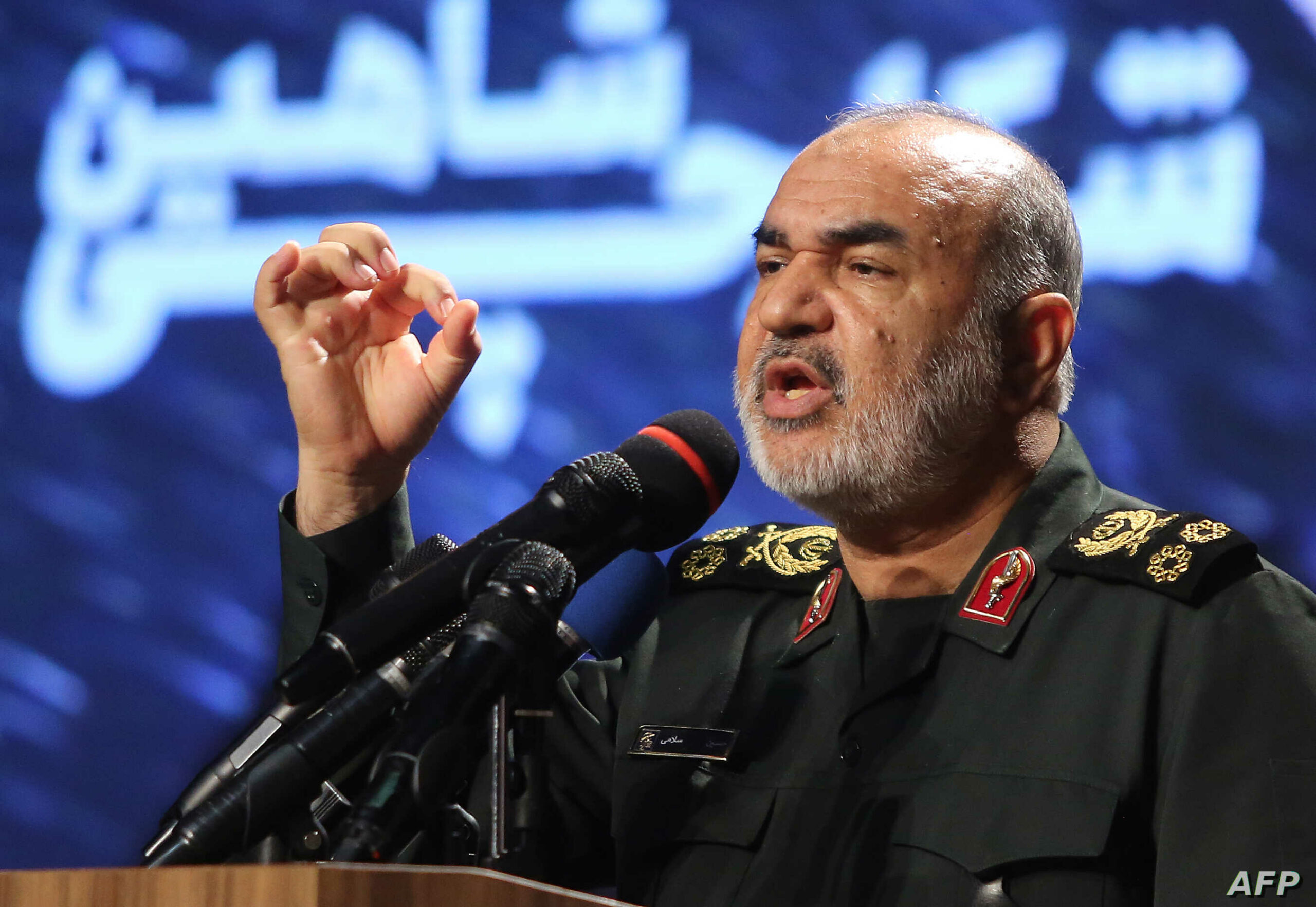 In this file photo taken on September 21, 2019, Iranian Revolutionary Guards commander Major General Hossein Salami speaks in capital Tehran