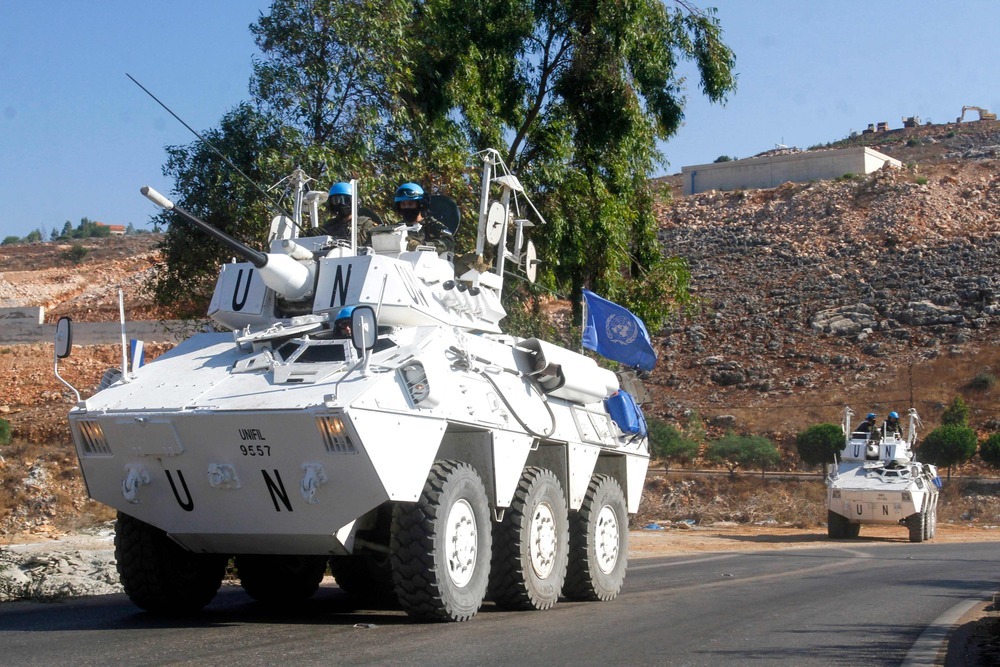 United Nations peacekeeping forces (UNIFIL) patrol near the village of Mais el Jabal, along the southern Lebanese border with Israel.
