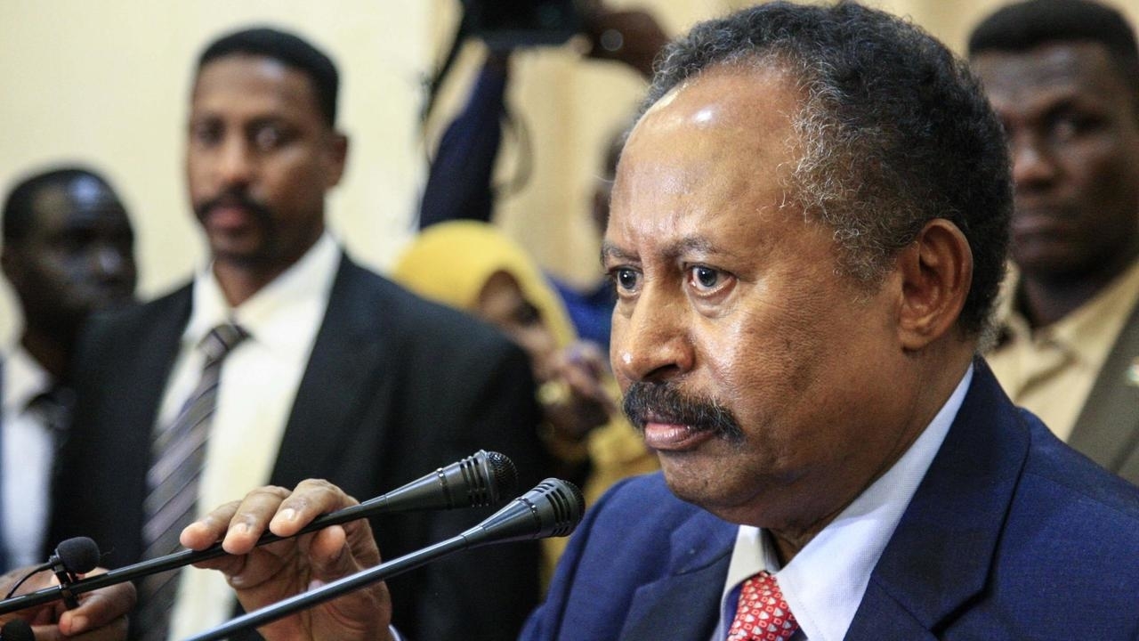 Sudan's Prime Minister Abdollah Hamdok speaks at a press conference.