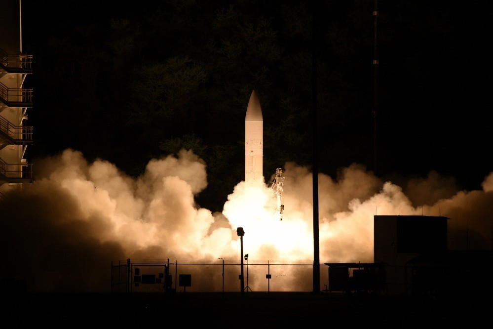 Photo of a common hypersonic glide body launche from Pacific Missile Range Facility, Kauai, Hawaii, during a Defense Department flight experiment, March 19, 2020.