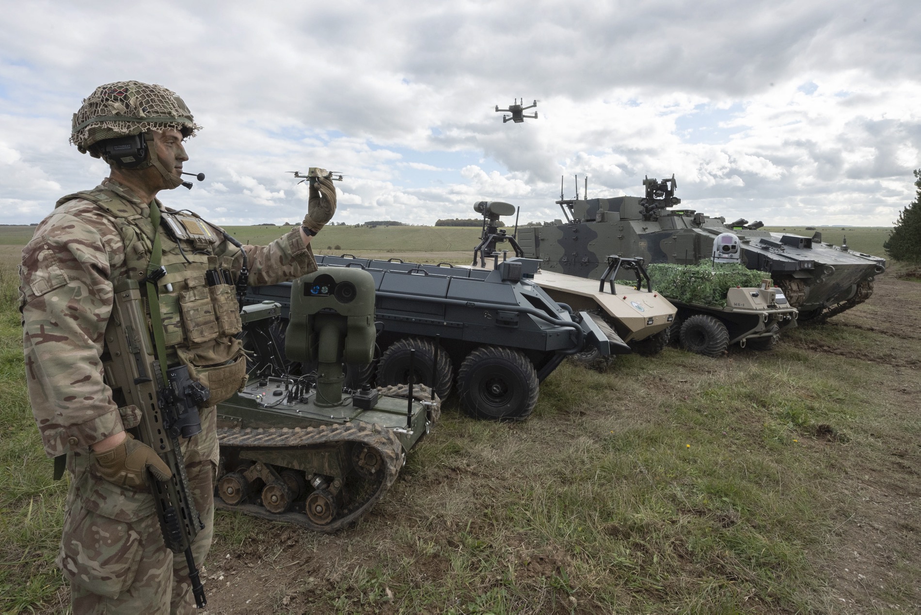 Photo of a selection of UK equipment on display at the Army Warfare Experiment 2020