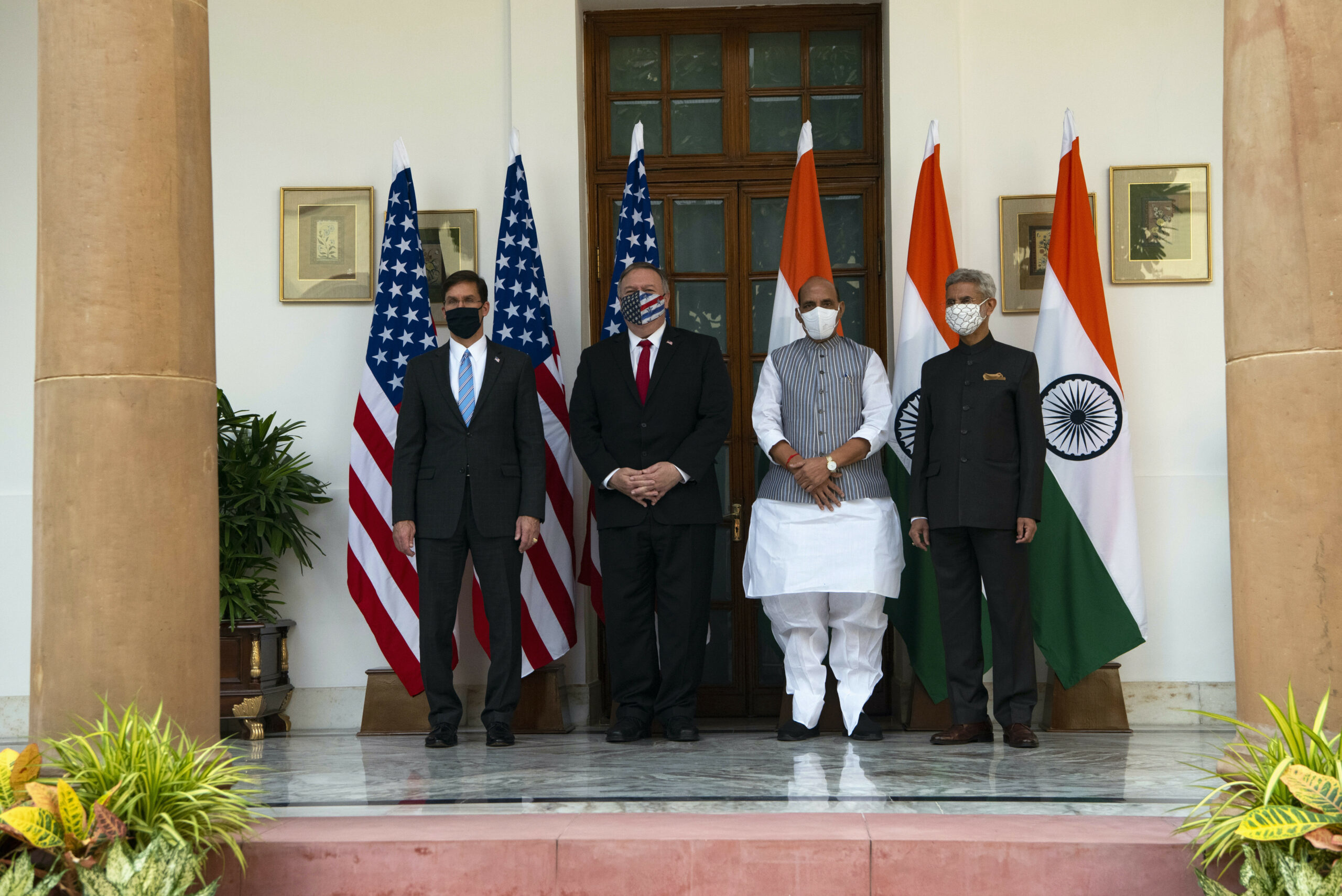Defense Secretary Dr. Mark T. Esper, Secretary of State Mike Pompeo, Indian Defense Minister Rajnath Singh, and Indian External Affairs Minister Dr. S. Jaishankar pose for a photo before the U.S.-India 2+2 Ministerial, New Delhi, India, Oct. 27, 2020