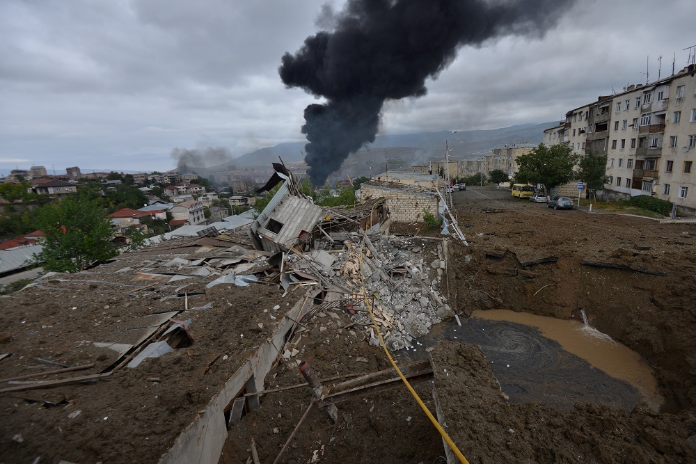 The aftermath of a shelling during the Armenia-Azerbaijan conflict in the Nagorno-Karabakh region.