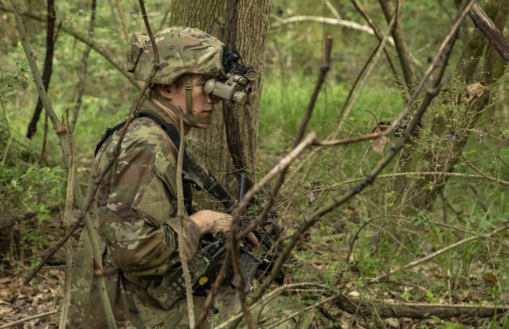 A US Army Cavalry scout wears the enhanced night vision goggle-binocular, or ENVG, while pulling security duty during training at Fort Polk, La