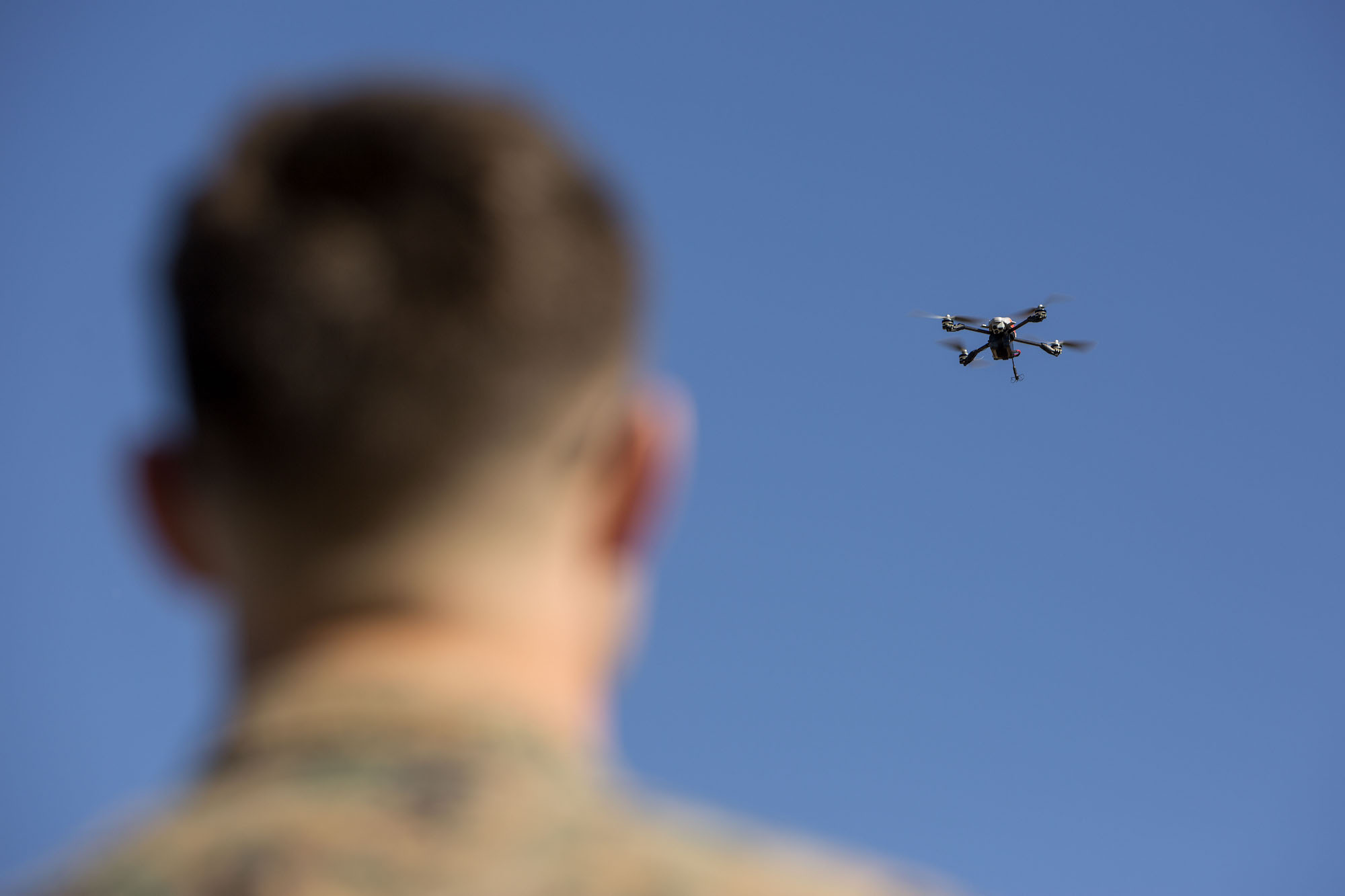 A US Marine with 2nd Marine Division, flies a Instant Eye drone system during Small Unmanned Aircraft System (SUAS) training on Camp Lejeune, N.C., Feb. 5, 2019.