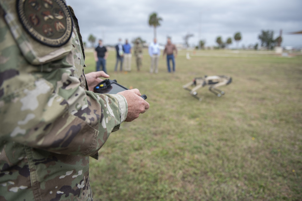 US Air Force Col. Gregory Beaulieu, 325th Mission Support Group commander, drives an unmanned ground vehicle on Tyndall Air Force Base, Florida, Nov. 10, 2020.