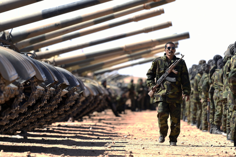 Members of the Sahrawi People's Liberation Army take part in a ceremony to mark 40 years after the Sahrawi Arab Democratic Republic was proclaimed by the Polisario Front in the disputed territory of Western Sahara at the Rabouni Saharawi refugee camp in Tindouf, Algeria, on Feb 26, 2016