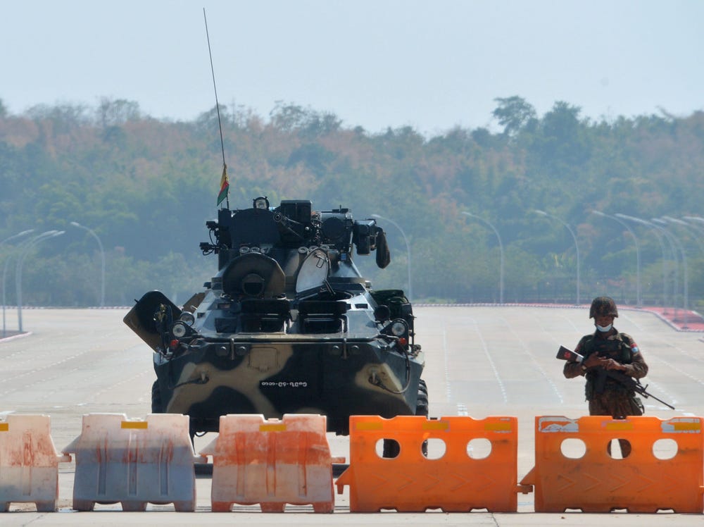 A blockaded road to Myanmar's parliament in Naypyitaw on Monday after the military detained the country's leaders.
